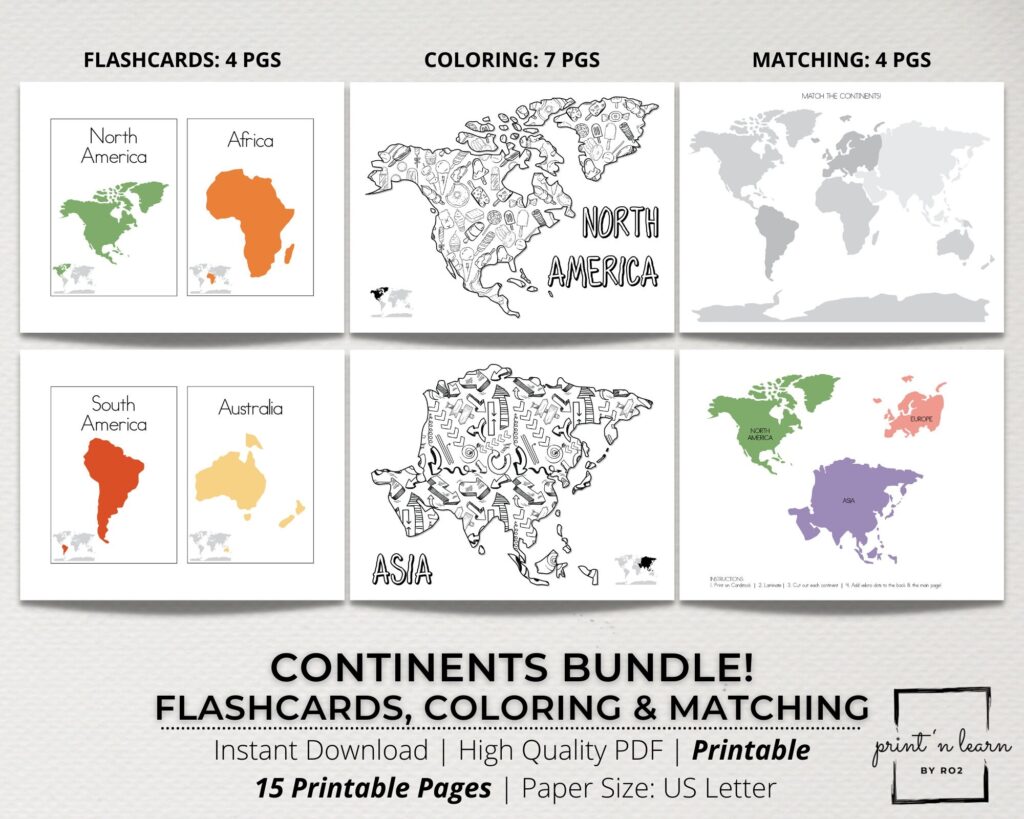 Continents Bundle Flashcards Matching Coloring Pages Etsy