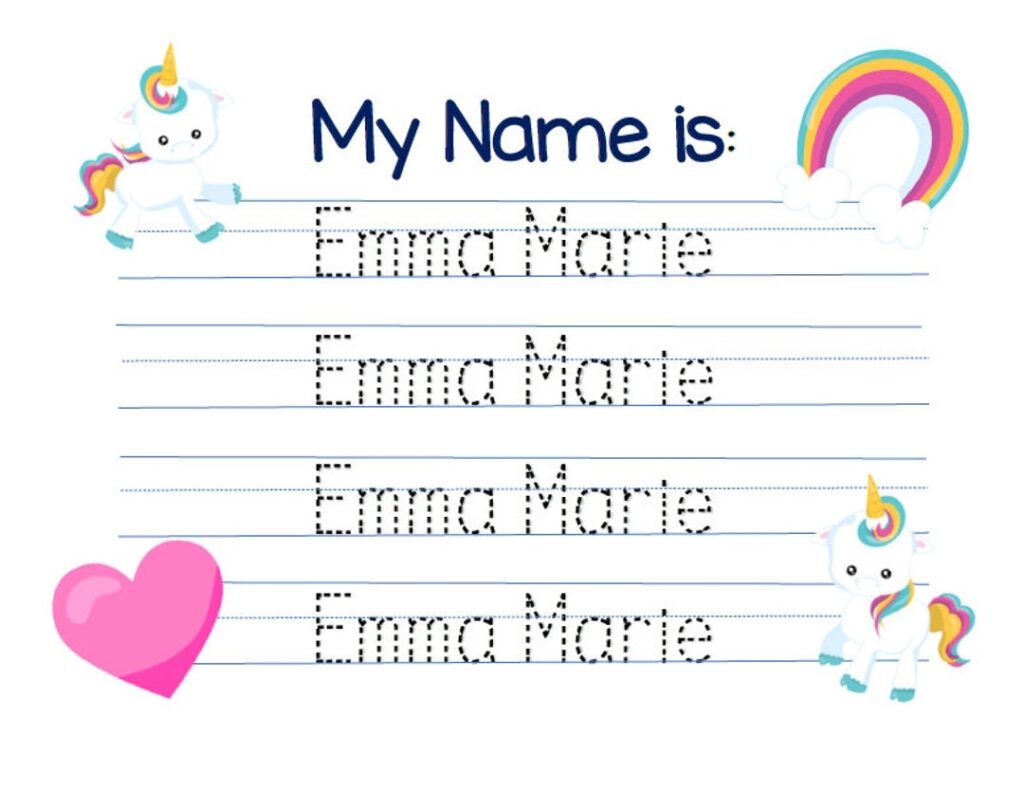 Customized Unicorn Theme Name Writing Practice Etsy