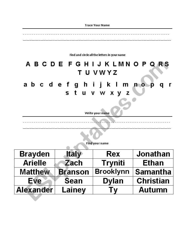 English Worksheets Name Recognition