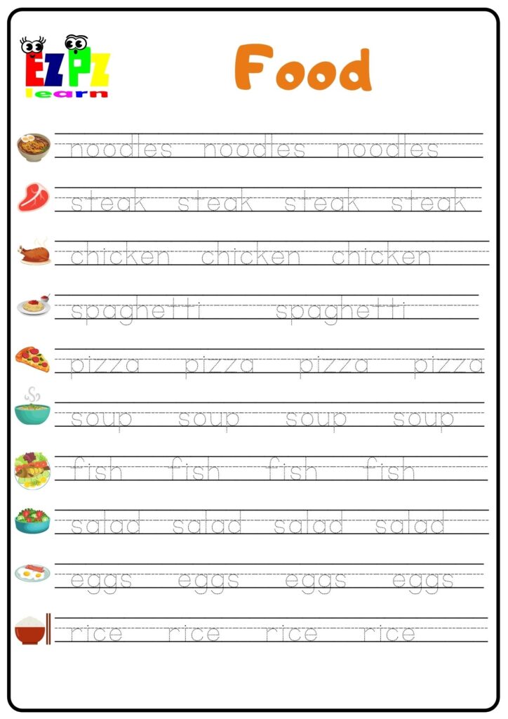 Food Word Tracing Worksheet Ezpzlearn