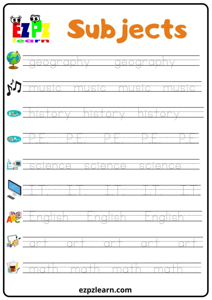 Subjects School Word Tracing Worksheet Ezpzlearn