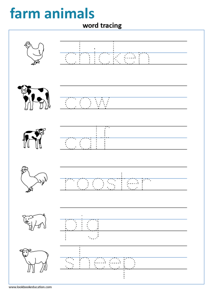 Worksheet Word Tracing Farm Animals Lookbook Education